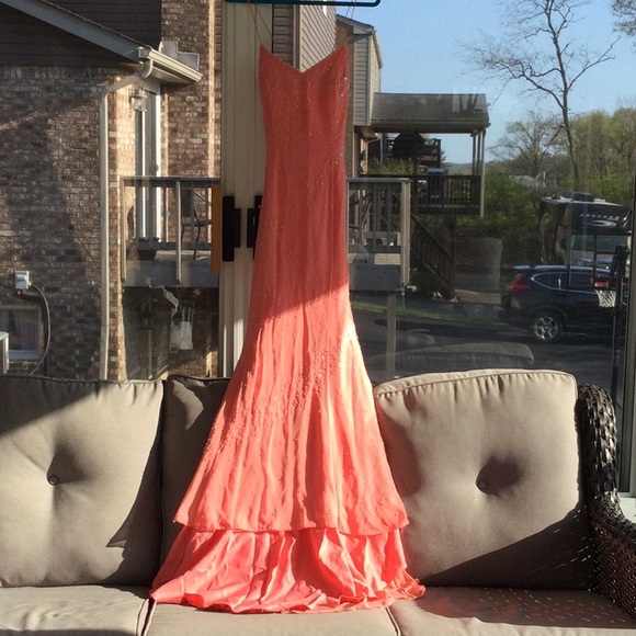 Soft Peach beaded gown with train. Size 10. Purse and chiffon wrap included. - Picture 5 of 12